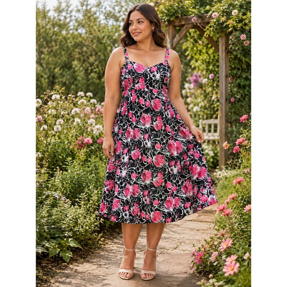 dressbarn Dresses & Skirts - 404.Dressbarn Pink Black Floral Fit Flare Dress Tulle Hem Size 22 Cute Feminine